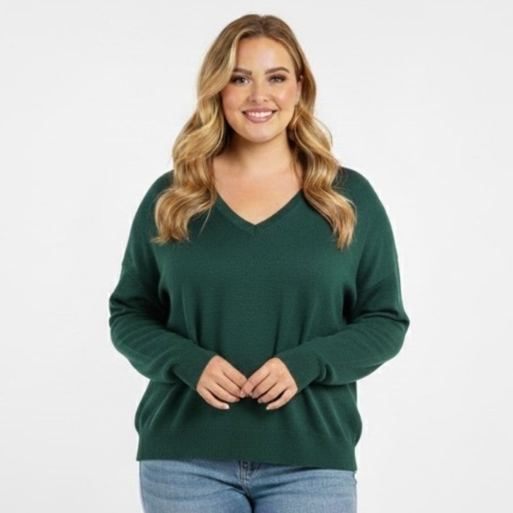 NEW Lucky Brand Women Sweater Green V Neck Long‎ Sleeve XXL Cozy Relaxed Fit